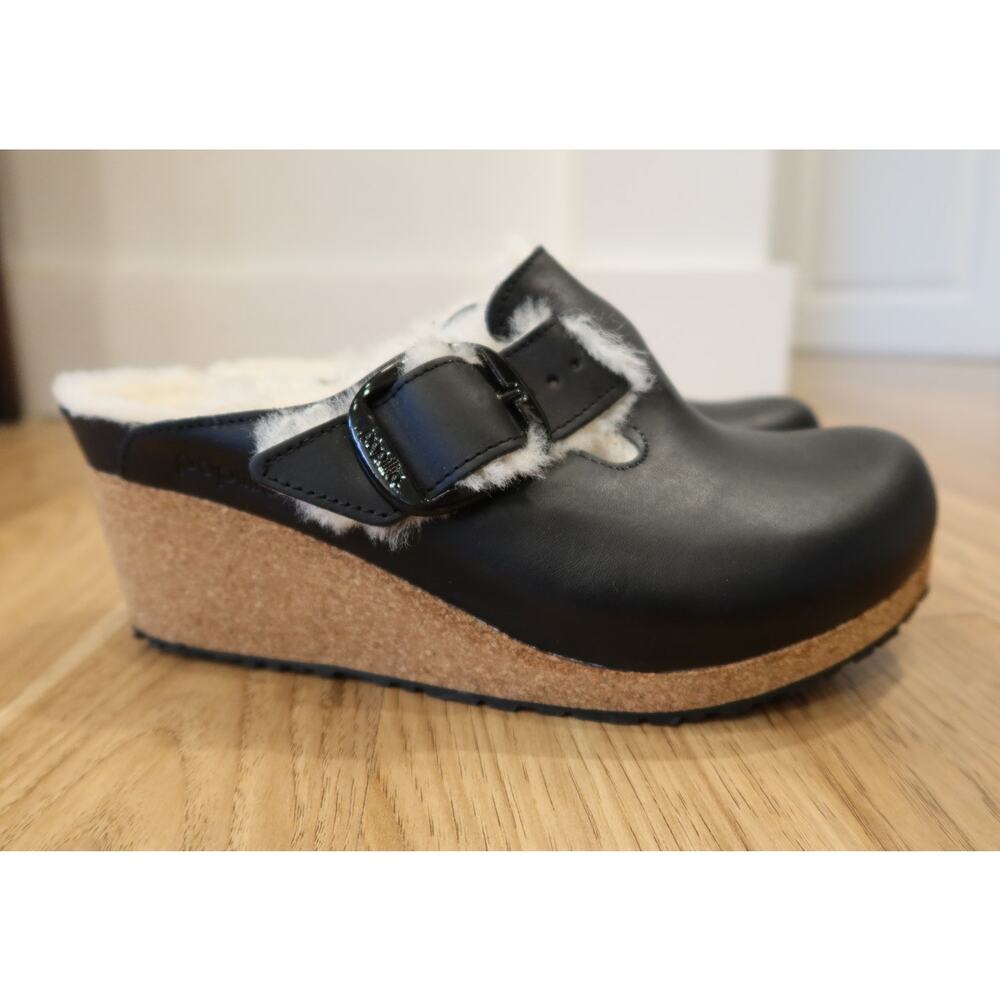 Birkenstock Papillio Fanny Big Buckle Wedge Clogs Shearling Lining Black Size 42